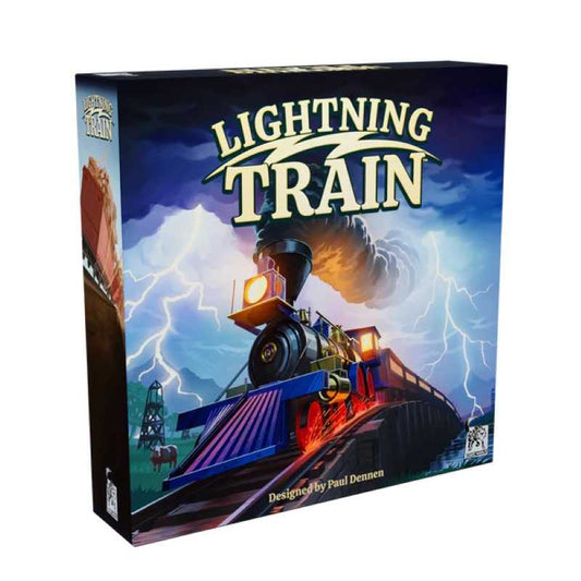 Board game box for 'Lightning Train' with a train and lightning design on the cover.