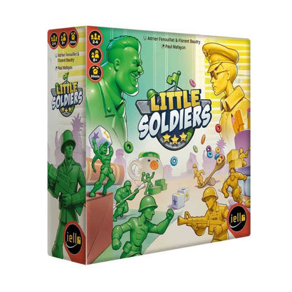 Board game box for 'Little Soldiers' with green and yellow soldiers on a colorful background