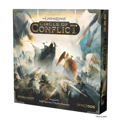 Board game box for 'The Lord of the Rings: Circle of Conflict' with warrior illustrations on a white background.