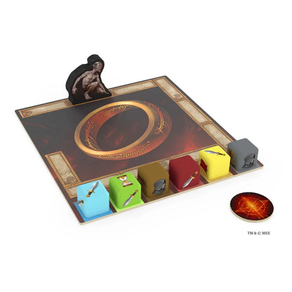 Board game setup with character pieces and a central emblem on a white background