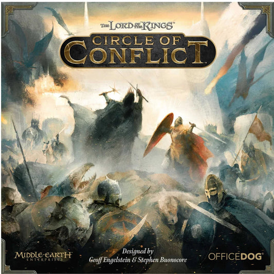 Game box for 'The Lord of the Rings: Circle of Conflict' with warrior illustrations and text.