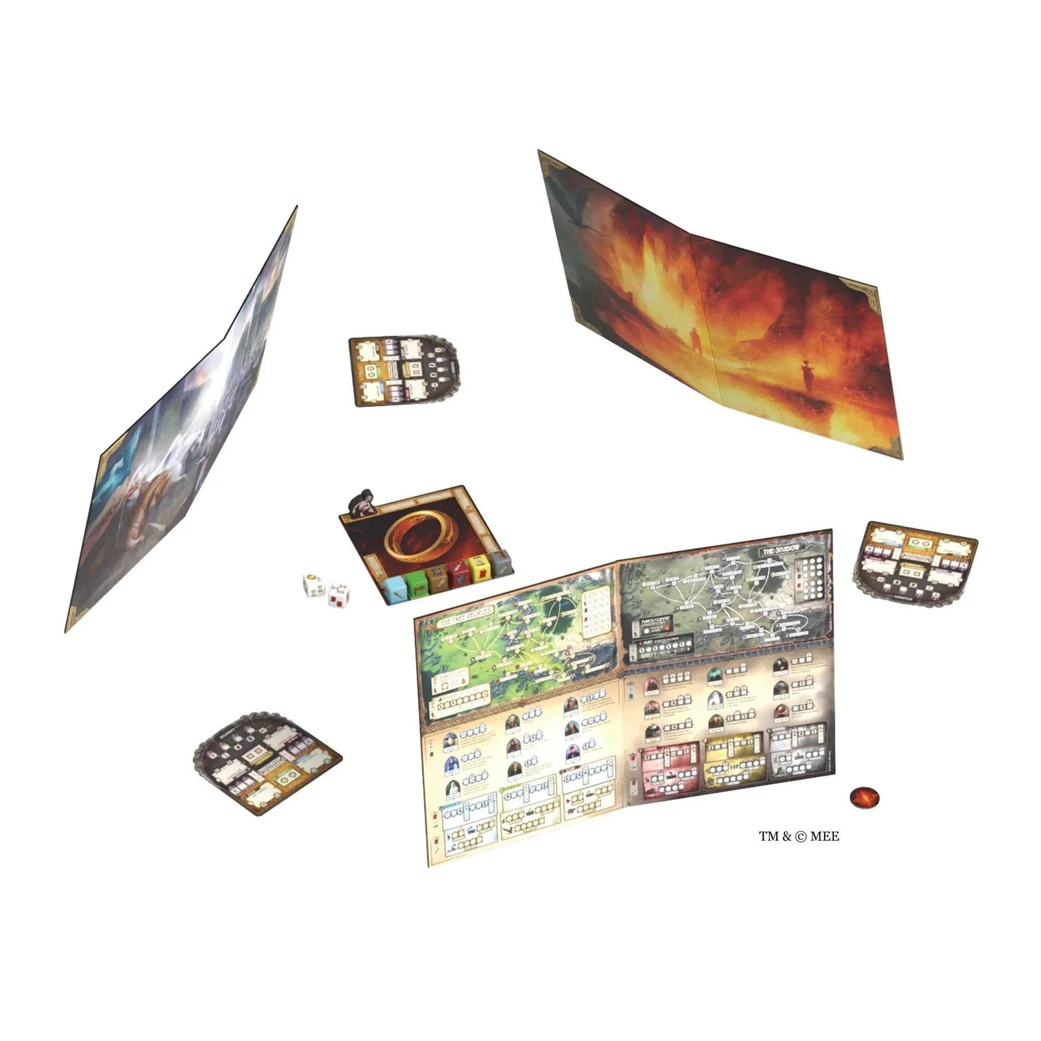 Collection of board game components including cards and a map on a white background
