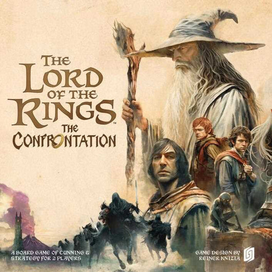 Cover of 'The Lord of the Rings: The Confrontation' board game with characters and text.