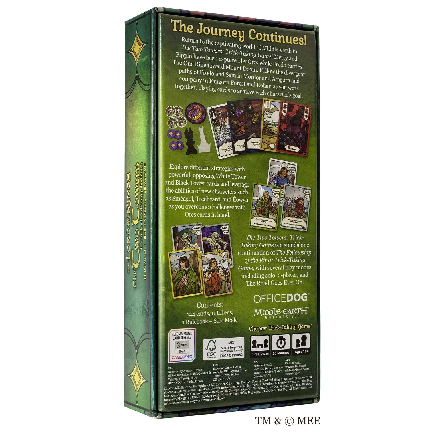 Card game box with green and black design, featuring text and images of cards on a white background.