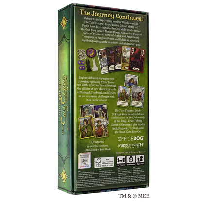 Card game box with green and black design, featuring text and images of cards on a white background.