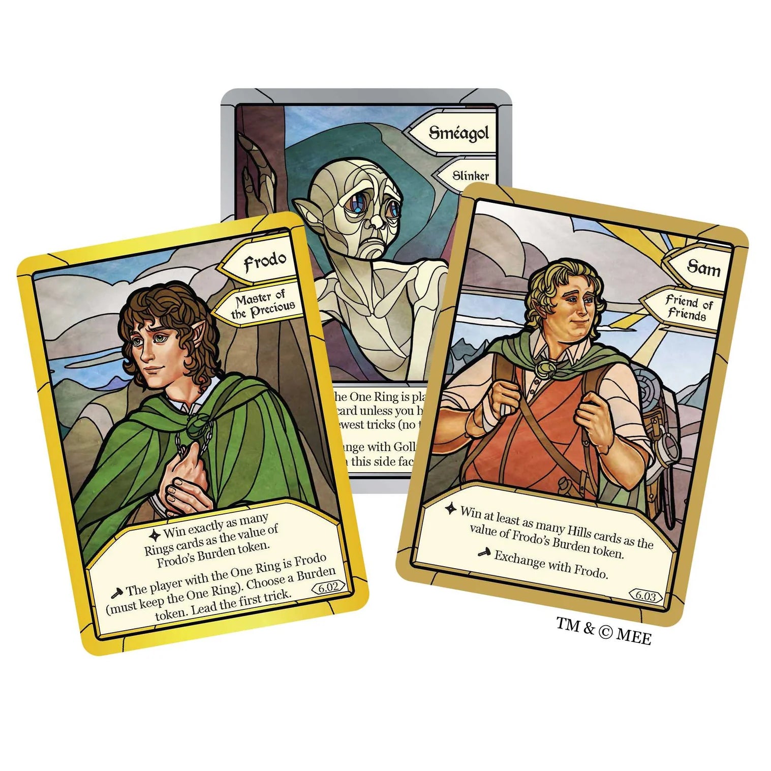 Three fantasy-themed cards featuring characters and text on a white background
