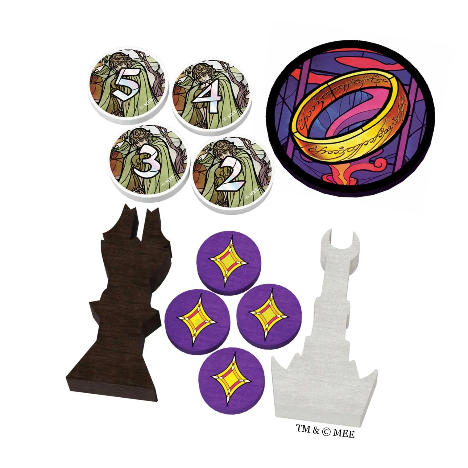 Game pieces and components with numbers and symbols on a white background