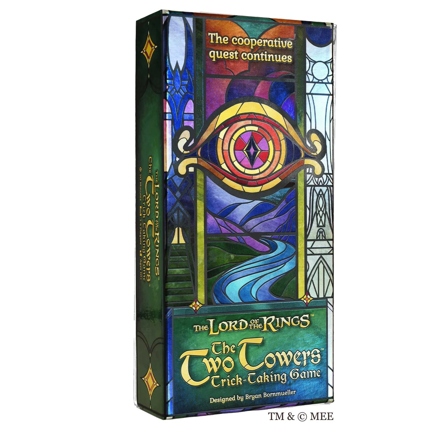 Board game box for 'The Two Towers' from 'The Lord of the Rings' series with colorful design.