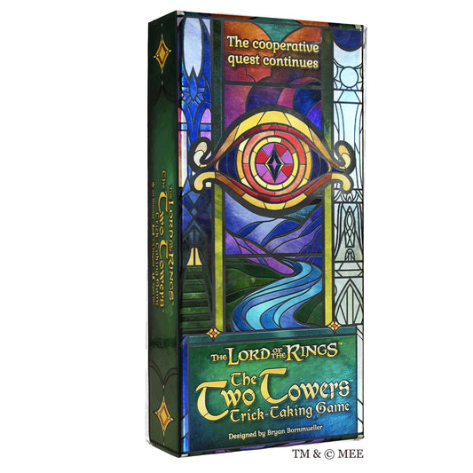 Board game box for 'The Two Towers' from 'The Lord of the Rings' series with colorful design.