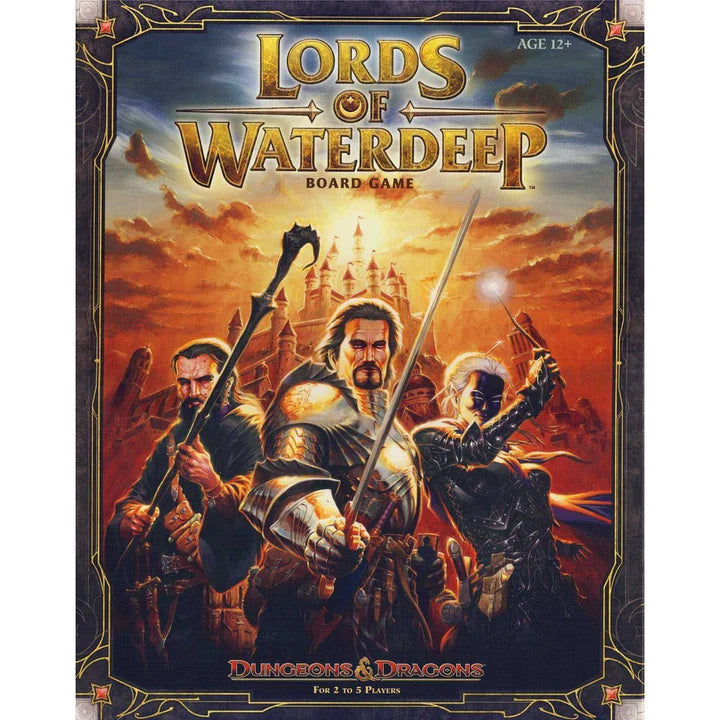 Board game box for 'Lords of Waterdeep' featuring characters with weapons and a castle in the background.