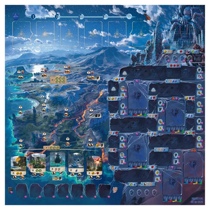 Map of a fantasy world with various locations and characters on a blue background