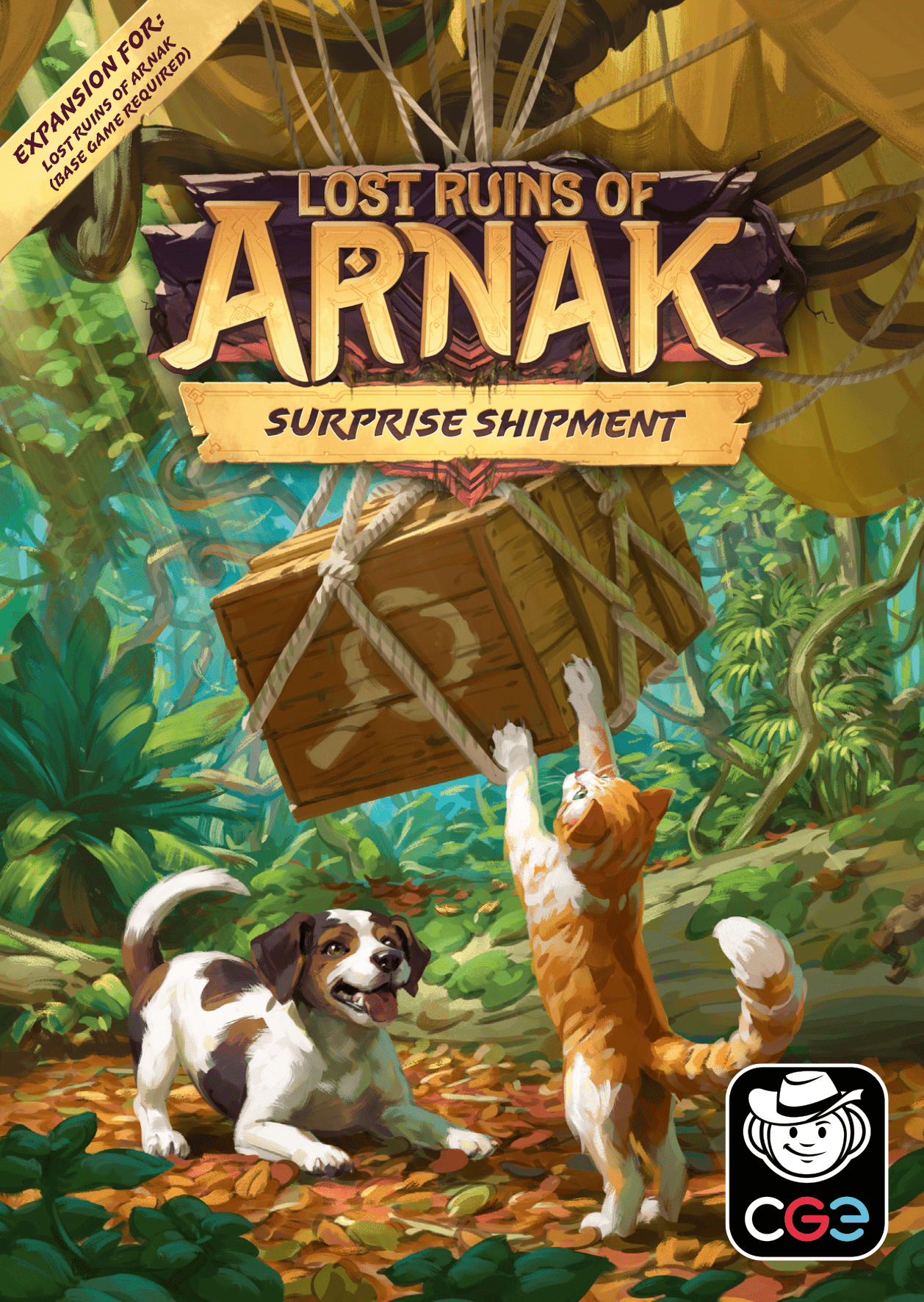 Front cover art for the board game expansion 'Lost Ruins of Arnak: Surprise Shipment'. The illustration shows a dog and an orange tabby cat in a lush jungle trying to reach a wooden crate suspended by ropes.