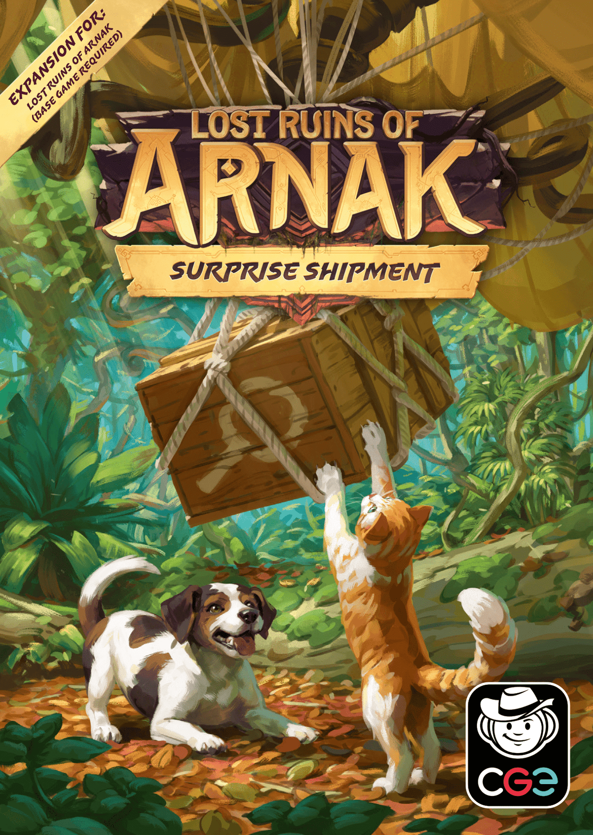 Front cover art for the board game expansion 'Lost Ruins of Arnak: Surprise Shipment'. The illustration shows a dog and an orange tabby cat in a lush jungle trying to reach a wooden crate suspended by ropes.