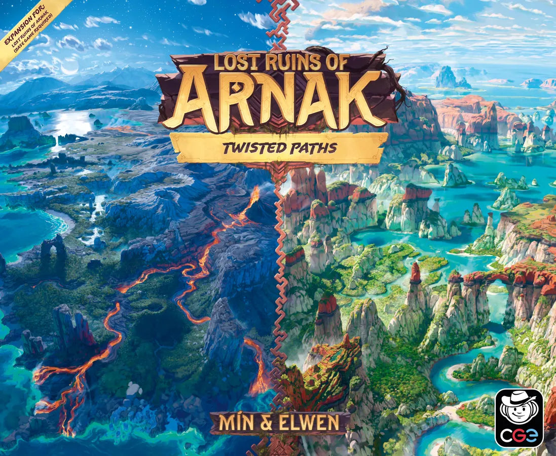 Board game box for 'Lost Ruins of Arnak: Twisted Paths' with a fantasy landscape design.