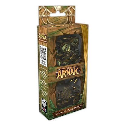 Just Rains of Arnak board game box with upgraded components, featuring a wooden crate design with a clear window showing green and gold coins inside.