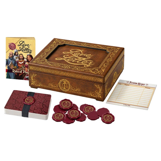 Ruled 21: Love Letter board game set with a brown decorative wooden box, red wax-seal style tokens, a deck of cards, a small booklet, and a scoring keeper card on a white background.