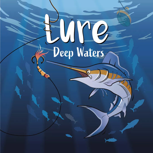 Marlin fish with a lure on a blue underwater background, featuring the text 'Lure Deep Waters'.