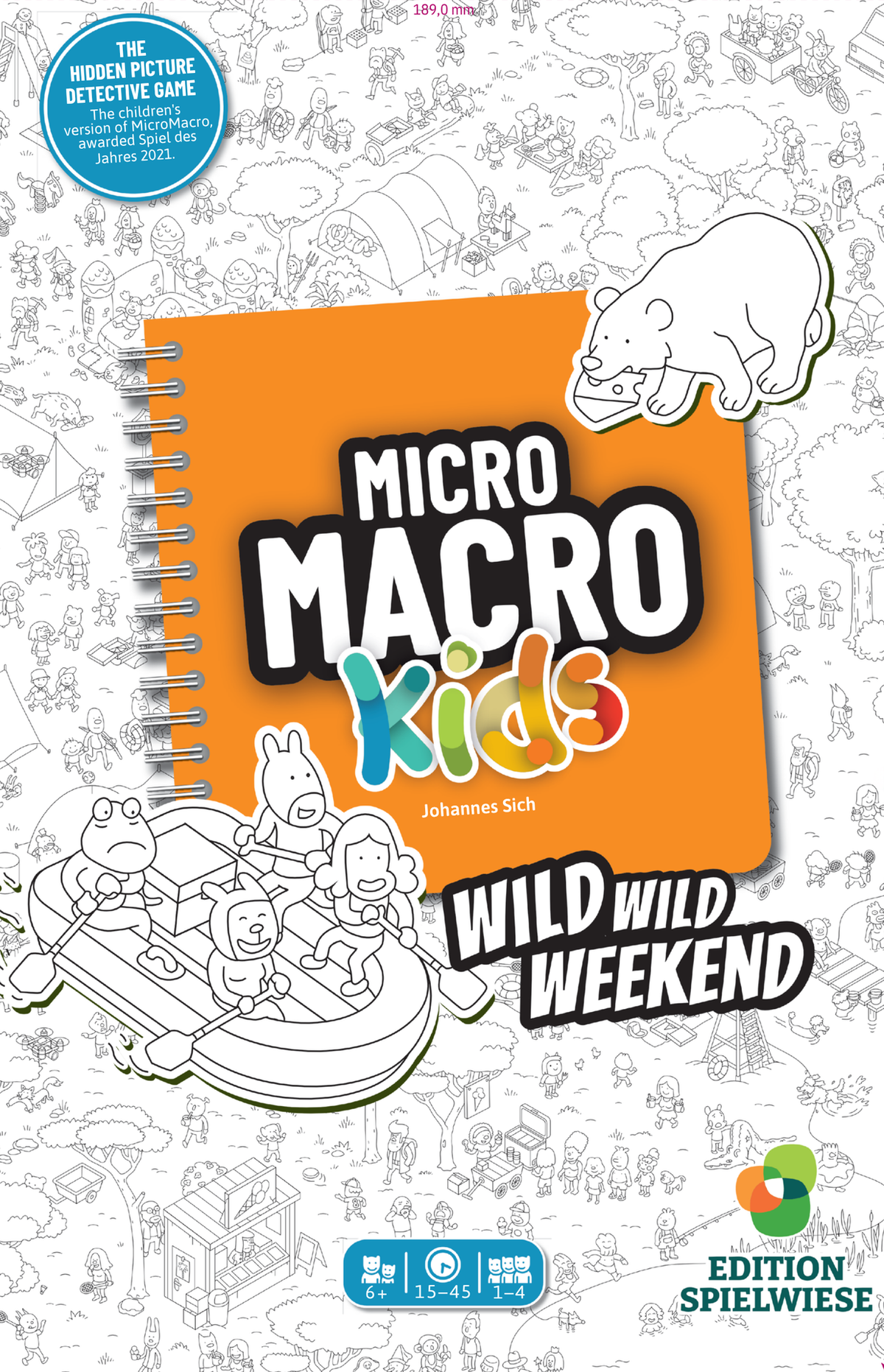 Front cover of the children's activity book 'Micro Macro Kids: Wild Wild Weekend' by Johannes Sich, published by Edition Spielwiese. The cover features a bright orange central notebook area with playful cartoon illustrations of animals and children, surrounded by a white background filled with tiny black-and-white line drawings of everyday objects and scenes.