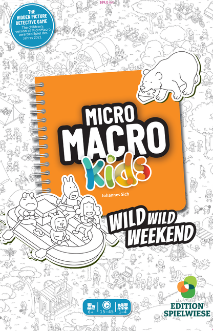 Front cover of the children's activity book 'Micro Macro Kids: Wild Wild Weekend' by Johannes Sich, published by Edition Spielwiese. The cover features a bright orange central notebook area with playful cartoon illustrations of animals and children, surrounded by a white background filled with tiny black-and-white line drawings of everyday objects and scenes.