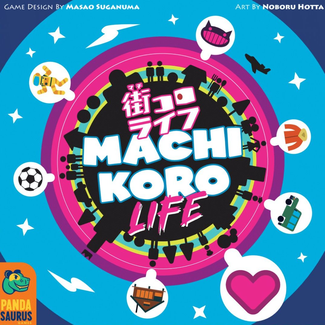 Cover of 'Machi Koro Life' board game with colorful design and text.