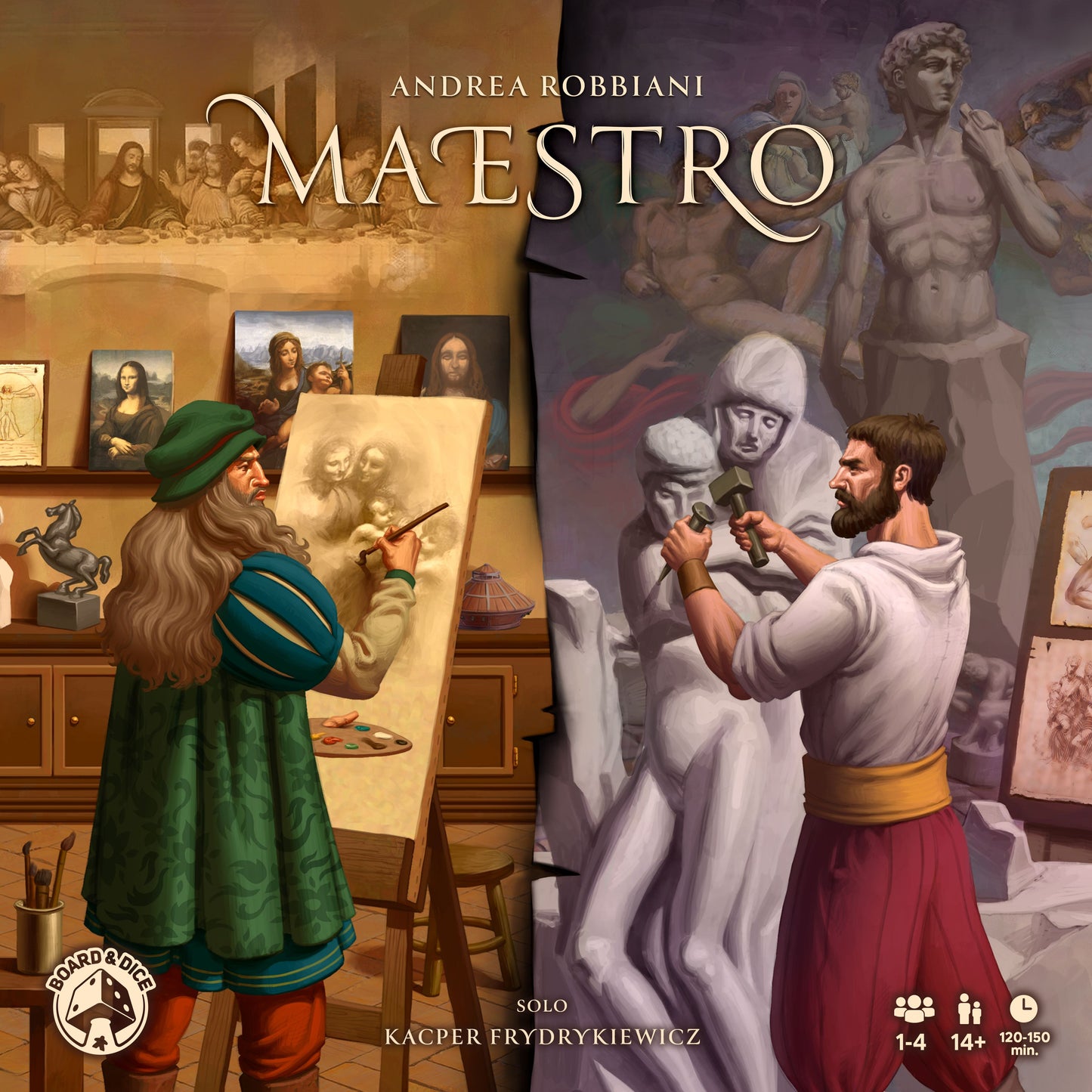 Board game cover titled 'Maestro' featuring artists and artworks.