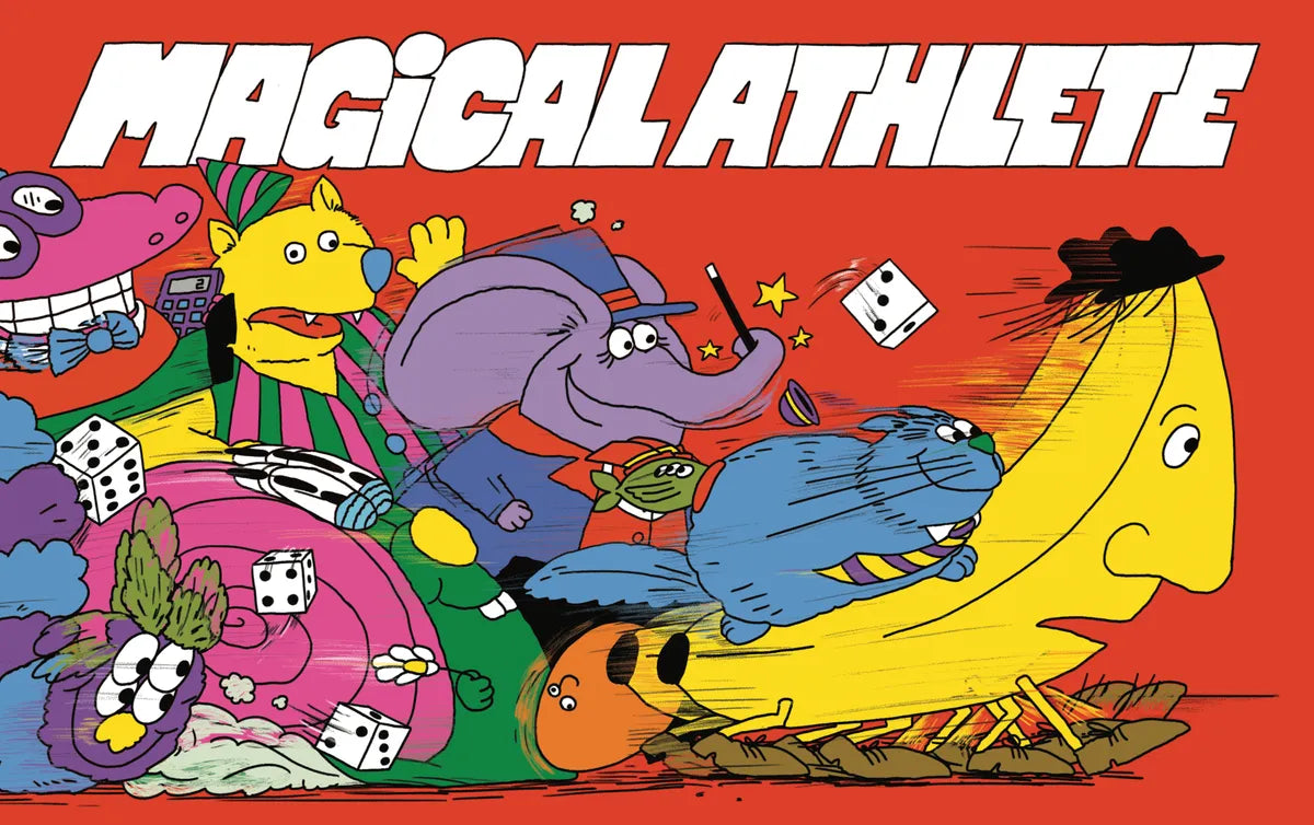Cartoon characters including a banana, elephant, and others on a red background with 'Magical Athlete' text.