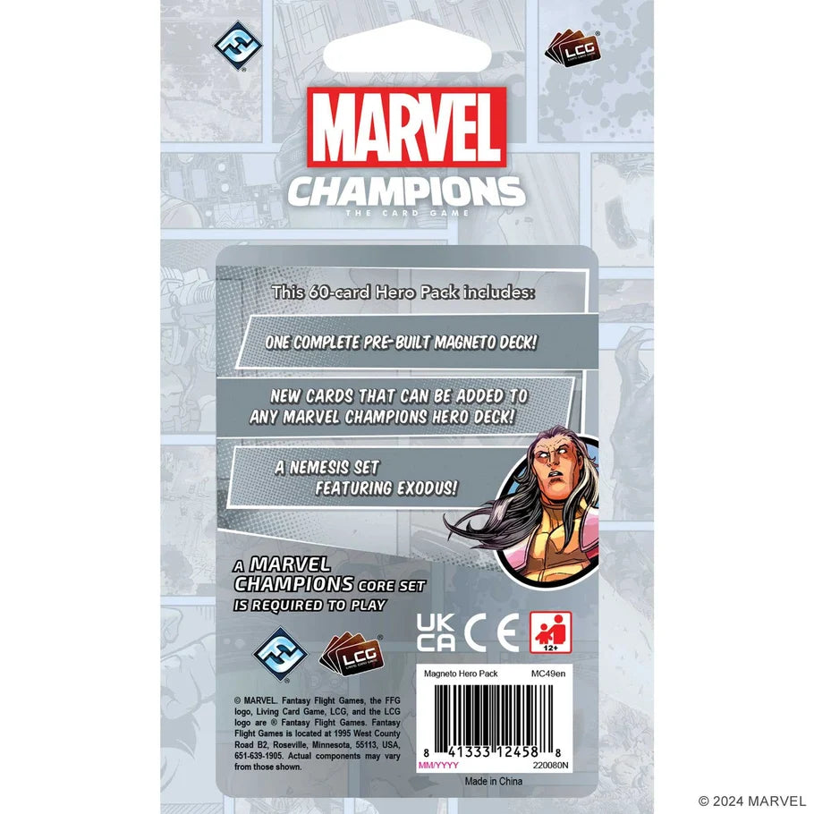 Back of a Marvel Champions trading card hero pack package, showing product text, logos, a barcode, and a character illustration on a light gray background.