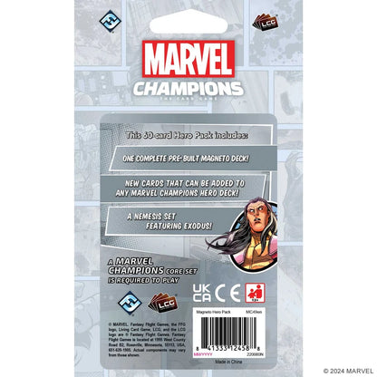 Back of a Marvel Champions trading card hero pack package, showing product text, logos, a barcode, and a character illustration on a light gray background.