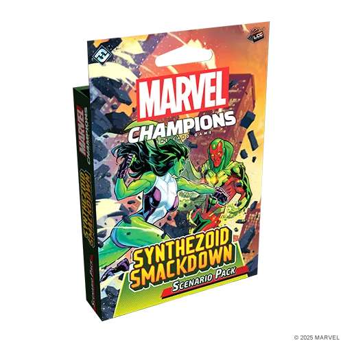 Marvel Champions card game scenario pack box with superhero artwork on a white background