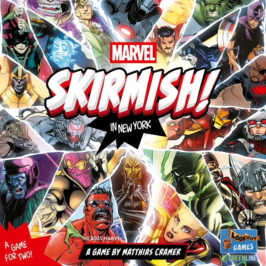 Marvel Skirmish game box with superhero characters and Marvel logo.