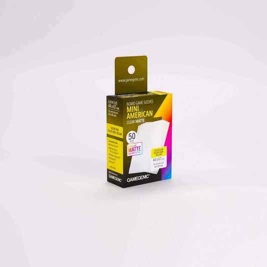 Gamegenic Mini American Clean Matte board game sleeves in retail packaging, featuring a black, yellow, and multicolor design with a hanging tab.