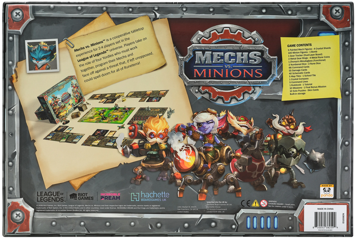 The back cover of the board game 'Mechs vs. Minions' by Prep & Hachette Games, featuring a dark metallic gray background with various illustrated game components, character miniatures, and logos.