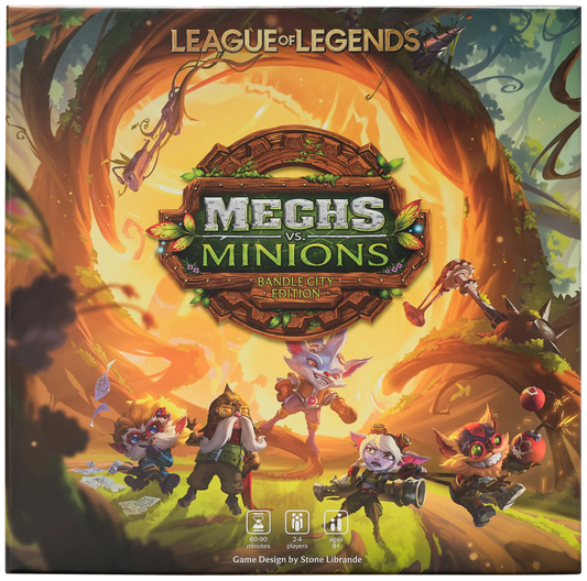 Front cover of the board game League of Legends: Mechs Minions, featuring colorful fantasy artwork with characters and a large mech in a glowing orange portal.