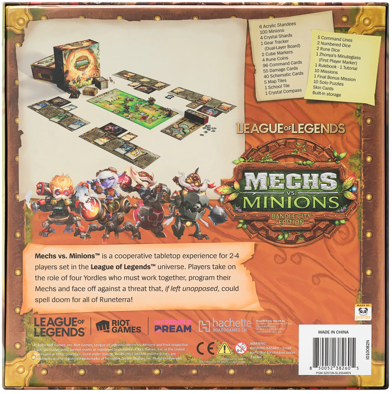 Back cover of the Meghs vs. Minions tabletop game, featuring illustrated game components, character art, rules text, and publisher logos including Riot Games and Pream on a decorative brown and gold border.
