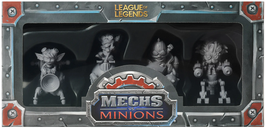 League of Legends Mechs Minions miniature figures displayed in a clear window box with a branded Mechs Minions logo on the front.