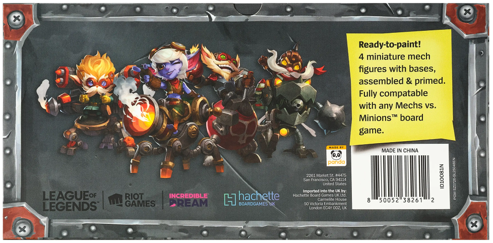 Back of a League of Legends miniature figure kit box, showing four painted mech-style toy figures on a dark gray background with product text, a yellow readiness note, and a barcode.