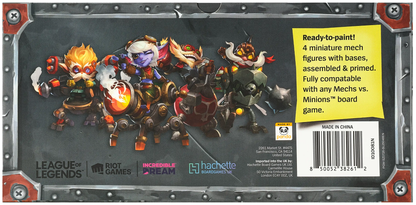 Back of a League of Legends miniature figure kit box, showing four painted mech-style toy figures on a dark gray background with product text, a yellow readiness note, and a barcode.