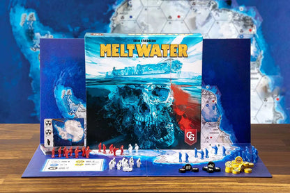 Board game set with 'Meltwater' title and game pieces on a wooden surface