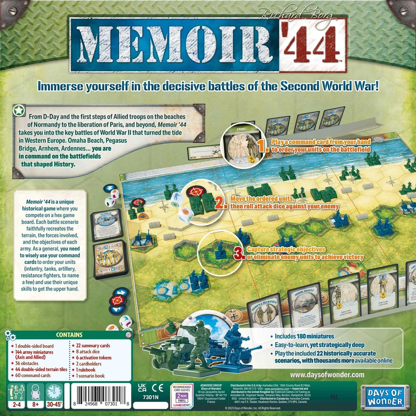 Back cover of Memoir '44 board game packaging with game components and rules.