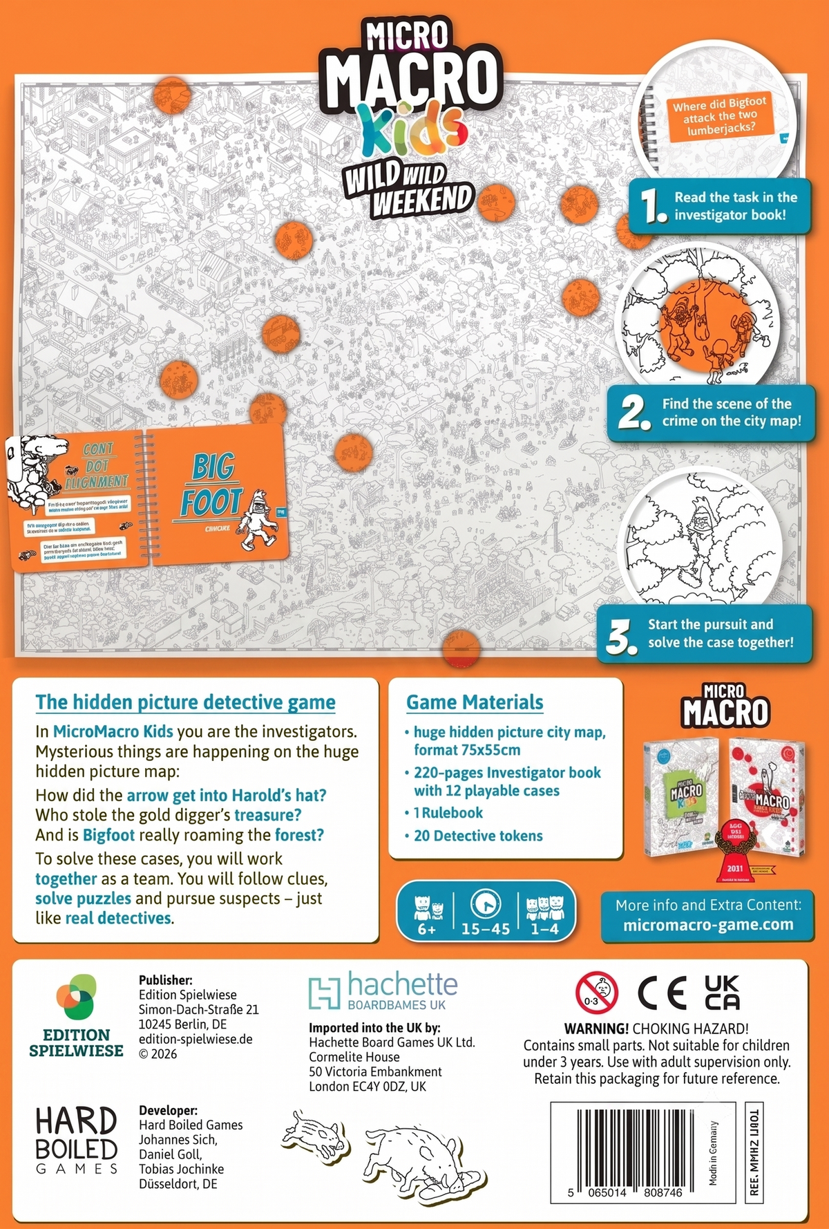 Back cover of the Micro Macro Kids 'Wild Wild Weekend' hidden picture detective game, showing game components, instructions, and publisher details on a white background.