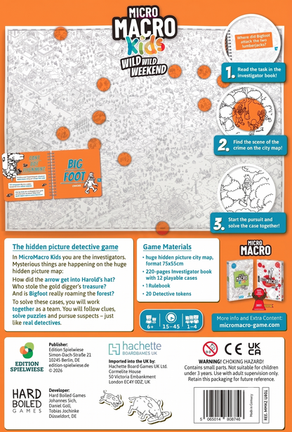 Back cover of the Micro Macro Kids 'Wild Wild Weekend' hidden picture detective game, showing game components, instructions, and publisher details on a white background.