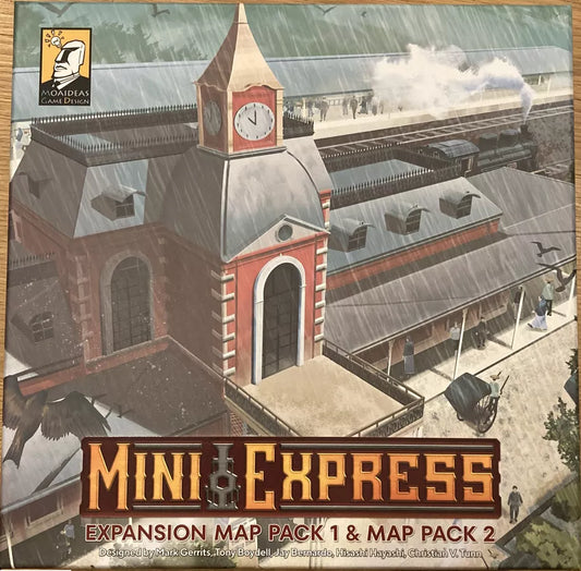 Board game box for 'Mini Express' with a train station illustration and 'Moxadidas Game Design' logo.