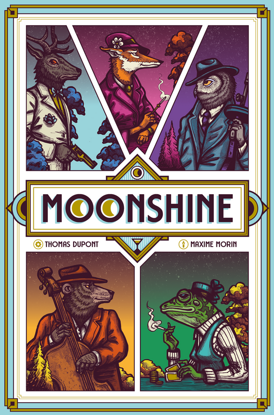 Cover of 'Moonshine' with stylized animal characters in costumes and a decorative border.