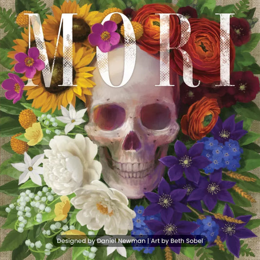 Book cover with skull and colorful flowers, featuring the text 'Mori'.