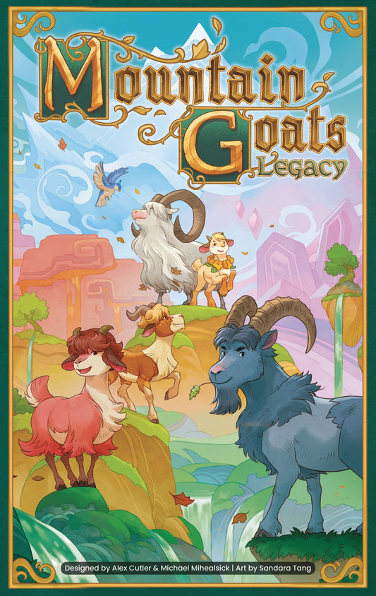 Front cover of the board game 'Mountain Goats Legacy', featuring a colorful cartoon illustration of various goats in a stylized landscape under a blue sky.