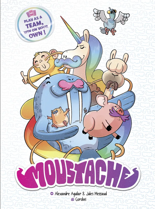 Cover of 'Moustache' with cartoon characters and colorful design