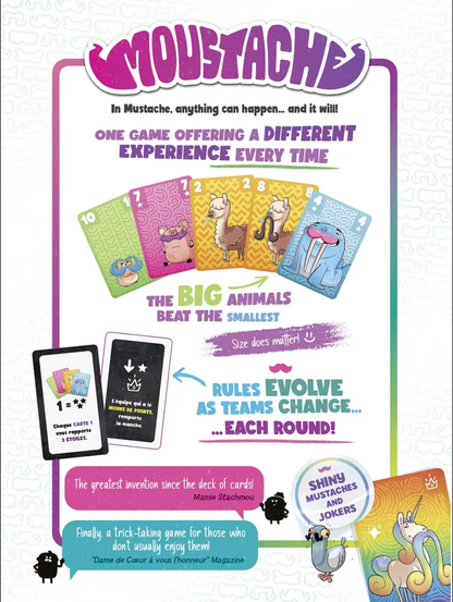 Promotional graphic for a card game called 'Mustache' with colorful cards and text.