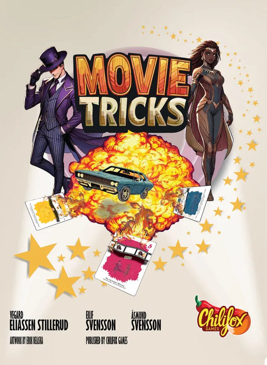 Book cover of 'Movie Tricks' with cartoon characters and explosion graphic on a beige background.