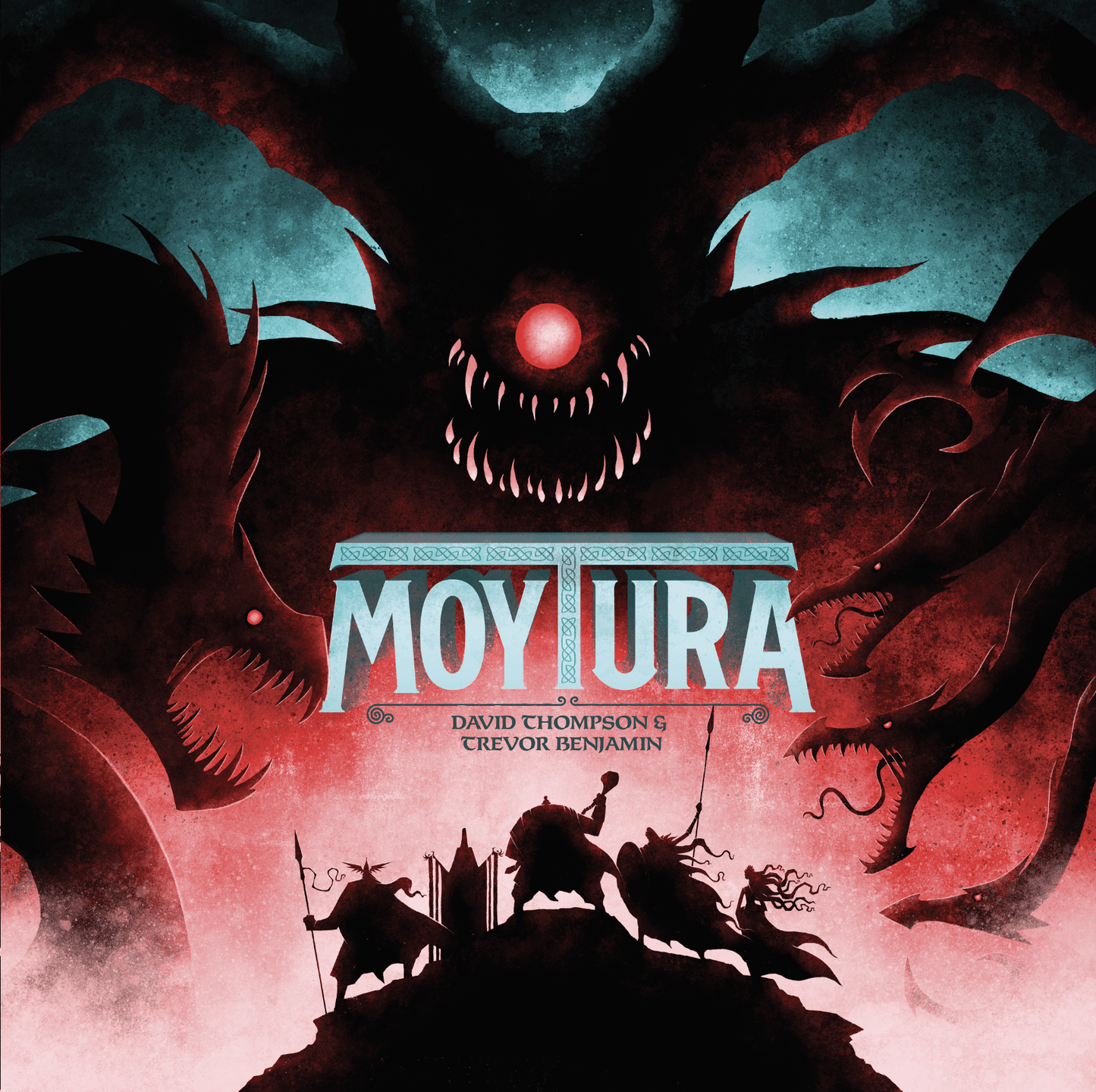 Cover of 'Moytura' with a dark, fantasy-themed design featuring a large creature and silhouettes.