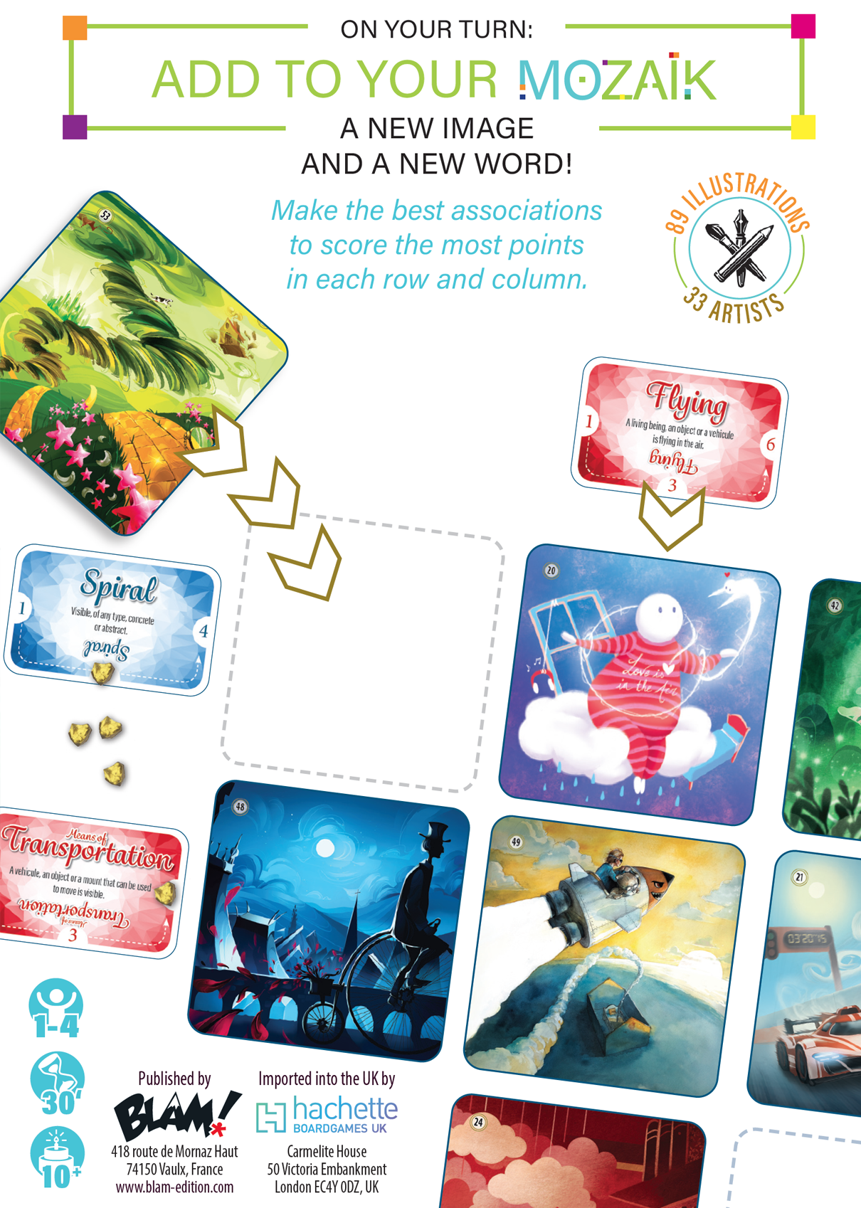 Board game packaging with illustrations and text, featuring a colorful design.